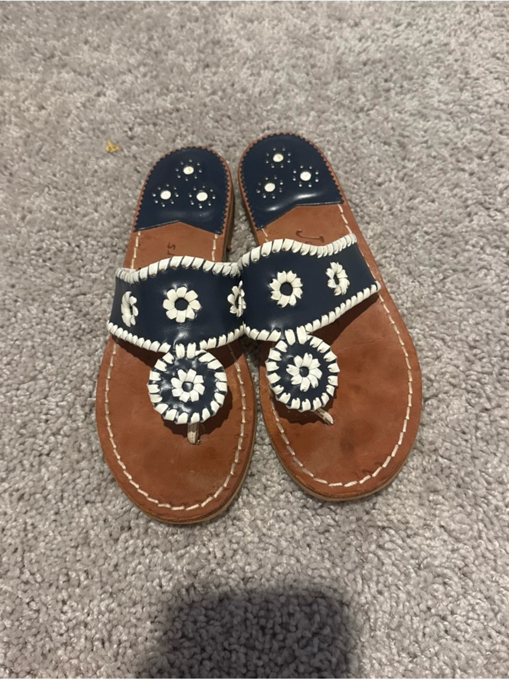 Jack Rogers Navy and Brown Floral Whipstitch Toe-Post Sandals
